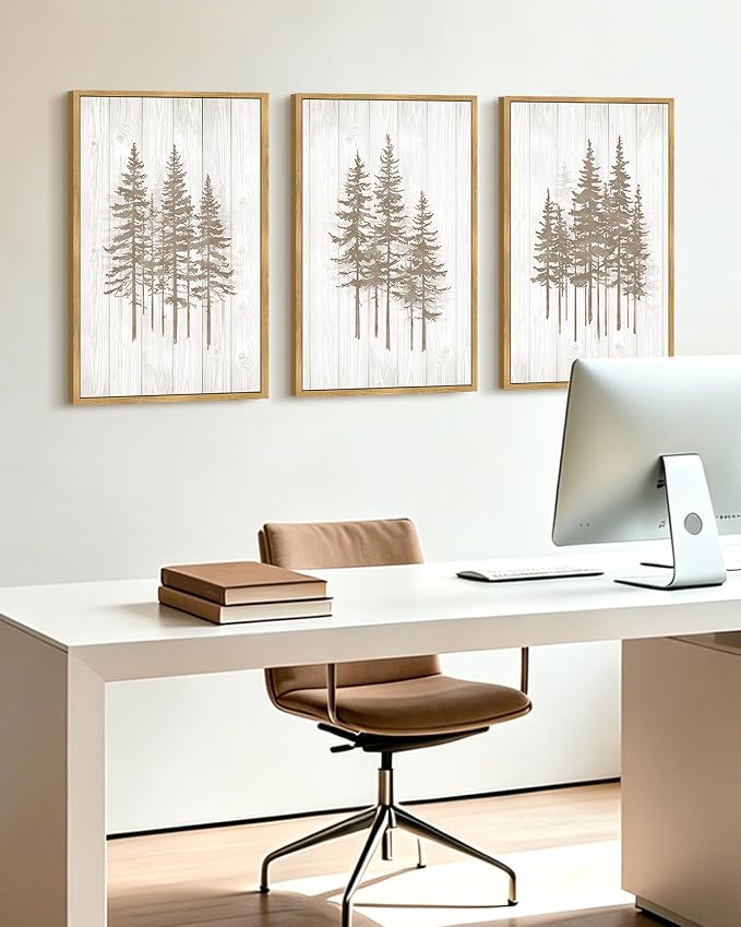 KUVIOKE Foggy Misty Pine Tree Framed Wall Art Watercolor Nature Abstract Forests Wall Decor Rustic Minimalist Painting for Bedroom Dining Room 16x24in (Natural Framed)