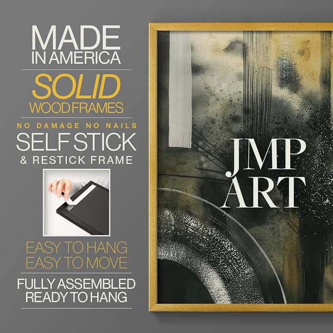 Renditions Gallery Set of 2 Peel & Stick Framed Prints, Moody Abstract Wall Art, Circular and Splattered Effects Wall Decor, Re-Stickable - Ready to Hang - 8"x10" - GOLD Frame LT588