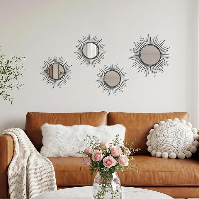 4 Set Metal Sunburst Mirrors for Wall Decor Living Room Bedroom Bathroom Dining Room Boho Gold Decorative Hanging Circle Vintage Art - Gold/Black/Silver 11.8 in/7.8 in