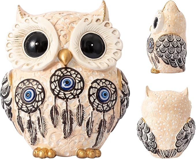 Owl Statue Home Decor Accents with Evil Eye.White Decor for Bookshelf, Bedroom, Living Room, Office, Table and Shelf. Vintage Owl Figurines Gifts for Birds Lover.Cute Small Animal Sculptures.