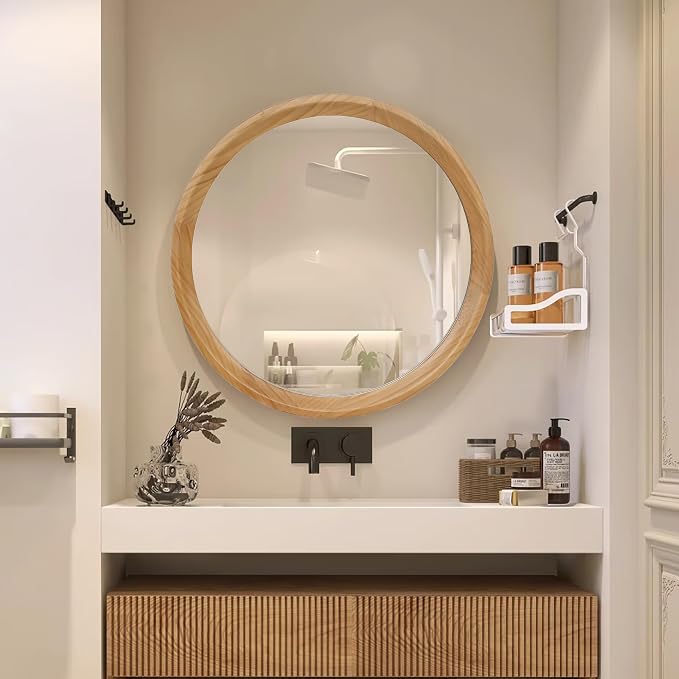 23.62" Round Natural Wood Wall Mirror Minimalist Mid-Century Modern Decorative Mirror with Sleek Solid Wood Frame HD Wall Mounted Mirror for Bathroom Vanity Living Room Bedroom Entryway