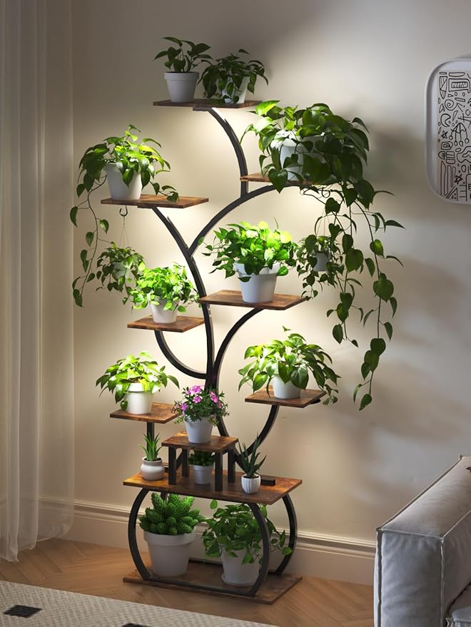 VINGLI Plant Stand Indoor with Grow Light, 61 Inch Tall Lighted Plant Shelf Indoor with 5 LED Light Strips, 10-Tiered Plant Stand for Indoor Growing, Tree-Shaped Large Metal Flower Shelves, Modern Decorative Plant Rack for Living Room, Balcony, Black
