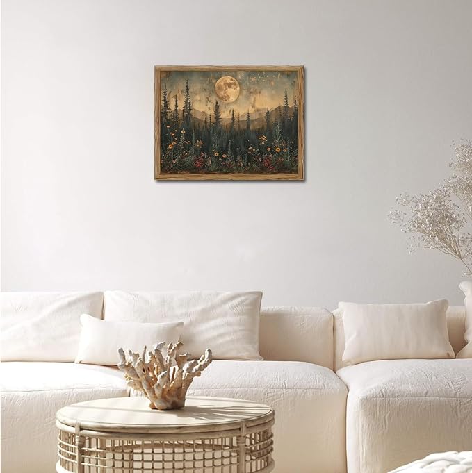 Vintage Nature Forest Wall Art Dark Moon Landscape Painting Wall Decor Woodland Picture Artwork 3D Textured Hand Drawn Sandstone for Farmhouse Bedroom Living Room 12x16 inch Wood Framed