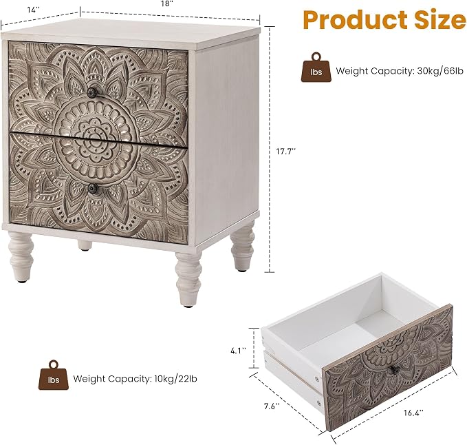 HOMPUS White Nightstand with 2 Drawers, Lotus Flower Carved Wood Bedside Table, Small Nightstand Side Table, Easy Assembly End Table with Storage for Bedroom, Apartment, Farmhouse & Boho, White