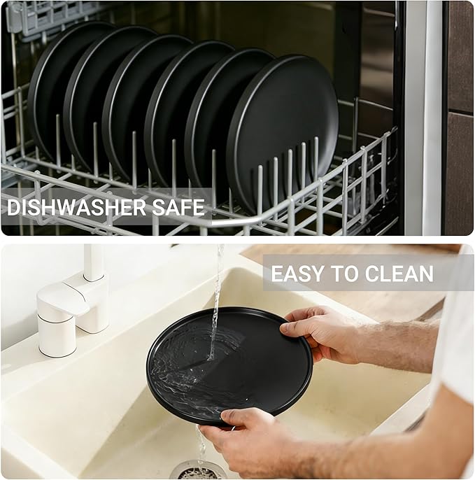 GZG Classic Series - Plates and Bowls Set for 4, 12 Piece Stoneware Dinnerware Sets, Microwave and Dishwasher Safe Lead-Free Handcrafted Ceramic Dishes Set - Matte Black