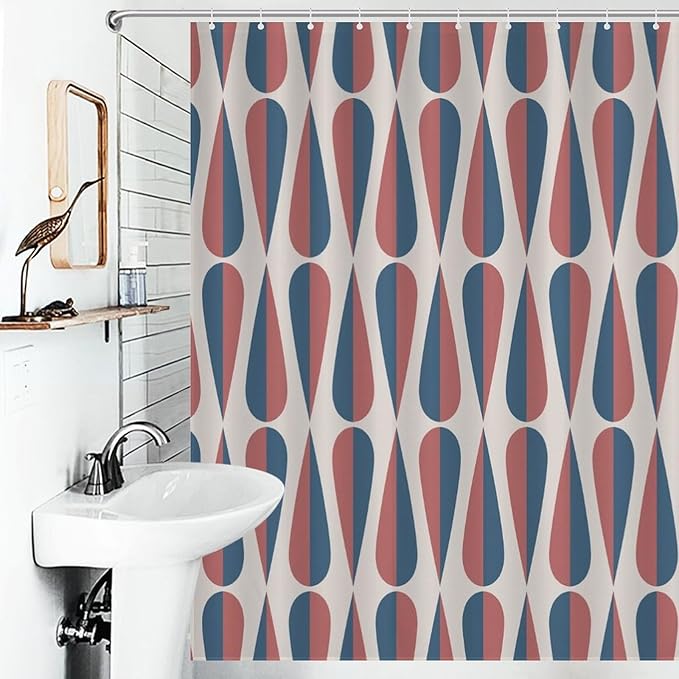 Mid Century Modern Shower Curtain,Retro Geometric Drop Shapes Art Style Shower Curtains Set for Bathroom Fabric Decorative Bath Curtain Washable Curtain Hooks, 72x72 in