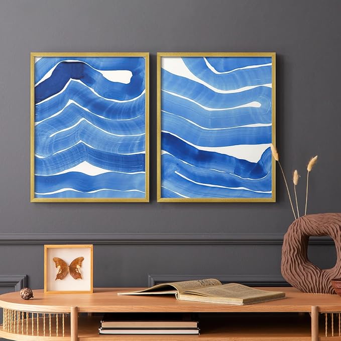 Renditions Gallery Set of 2 Peel & Stick Framed Prints, Watercolor Abstract Wall Art, Bold Brushstrokes in Shades of Blue Wall Decor, Re-Stickable - Ready to Hang - 22"x28" - GOLD Frame LT588