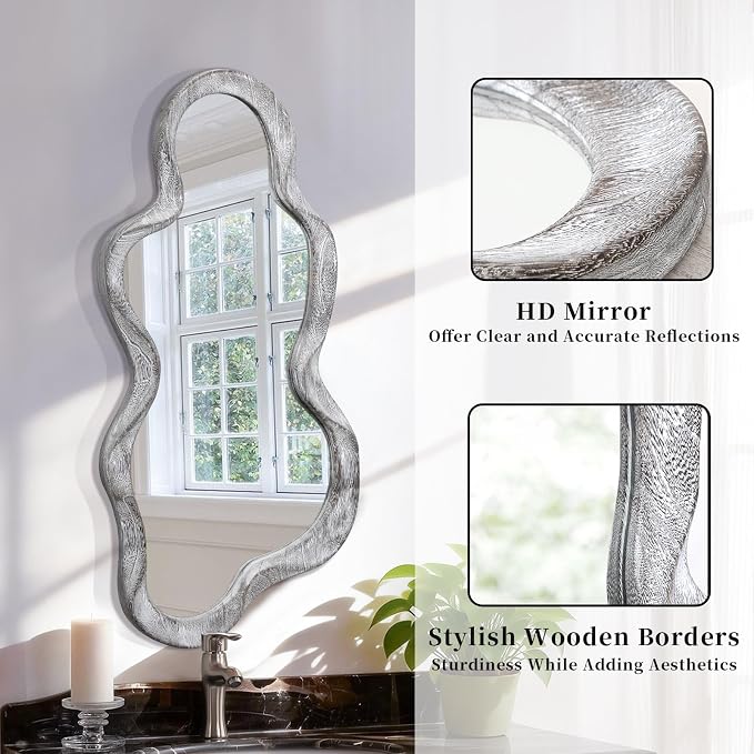 Irregular Wall Mirror Cloud Wavy Wood Frame Mirrors Asymmetrical Modern Mirror for Wall for Vanity Bathroom Living Room Bedroom Entryway Hallway Modern Unique Decorative Artistic Mirror Large