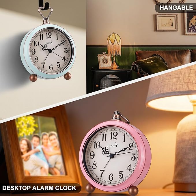 FLOITTUY 4.5" Battery Operated Antique Retro Analog Metal Alarm Clock, Silent Bedside Desk Clock, Wall-Hanging Vintage Clock(Vintage Green)