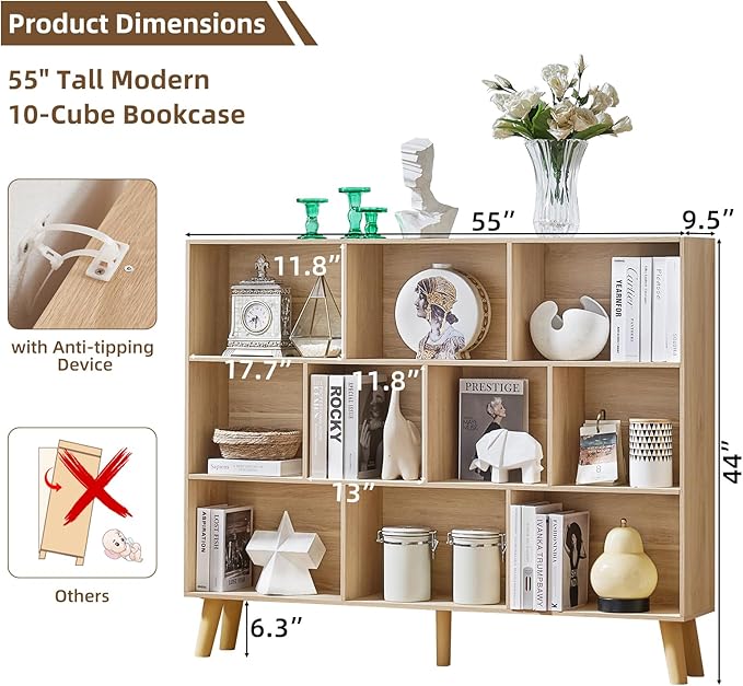 LEYAOYAO 10 Cube Bookshelf, 3 Tier Vintage 55" Wide Bookcase with Legs, Mid-Century Wood Bookshelves Storage, Light Wood Large Book Case, Freestanding Organizer Display Shelf for Living Room, Office