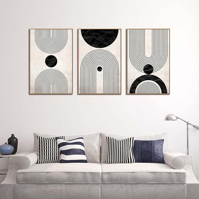 Framed Wall Art Canvas Set Mid Century Boho Pictures Modern Abstract Geometric Wall Decor Minimalist Black Beige Bohemian Canvas Painting Artwork for Living Room Bedroom Office 24"x36"x3 Natural