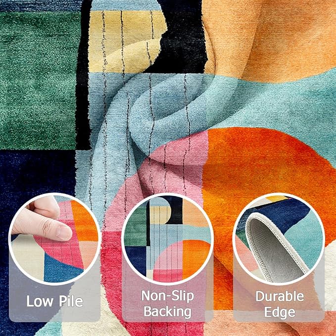 8x10 Colorful Area Rug Modern Abstract Orange Yellow Pink Blue White Beige Black Bedroom Rug Low Pile Thin Large Carpet Living Room Non Slip Dining Room Stain Resistant Office Washable Machine