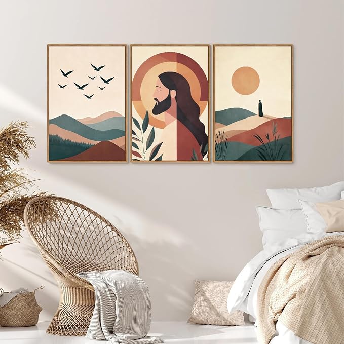 KaiWithYuan Large Jesus Portrait Framed Canvas Wall Art Set of 3, Boho Christian Bible Posters Wall Decor, Catholic Religious Calming Faith Art Paintings for Bedroom Living Room Church Office 16"x24"