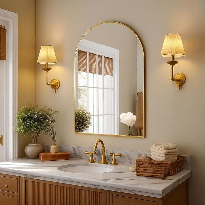 Arched Wall Mirror 30x20 Inch Gold Bathroom Vanity Mirror with Metal Frame, Modern Arch Mirror for Bedroom, Living Room, Entryway, Wall Mounted Decorative Mirror