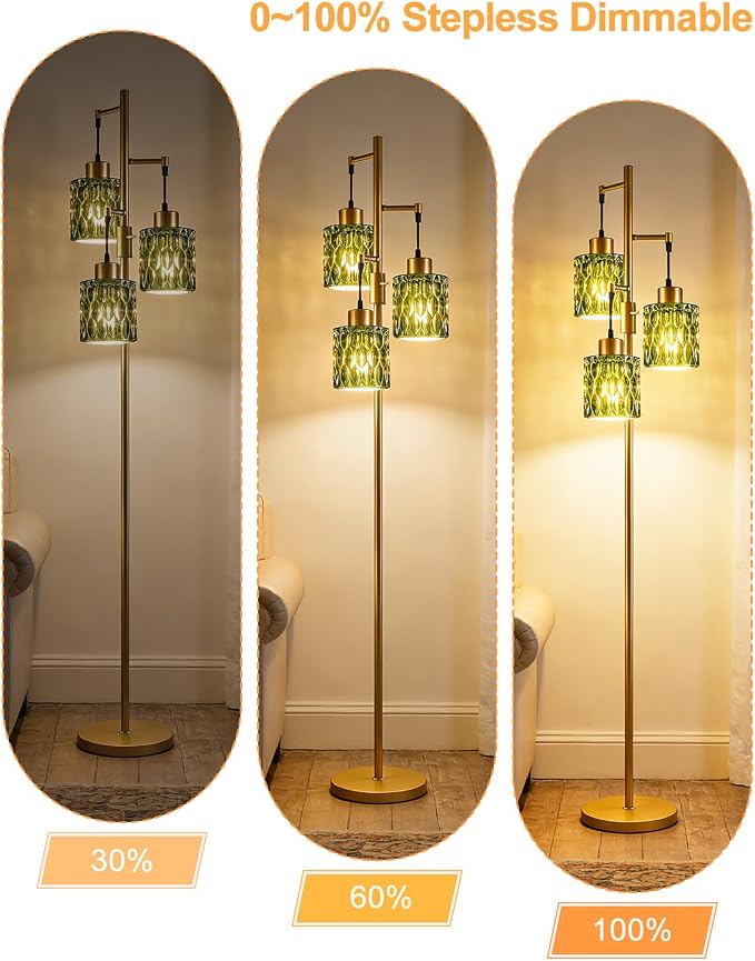 Lightdot 67" 3-Light Glass Floor Lamp for Living Room, Dimmable with Green Glass Shade & E12 Bulbs Included, Mid Century Standing Tall Lamp with 5Lbs Heavy Base for Bedroom/Sofa Beside/Corner - Gold