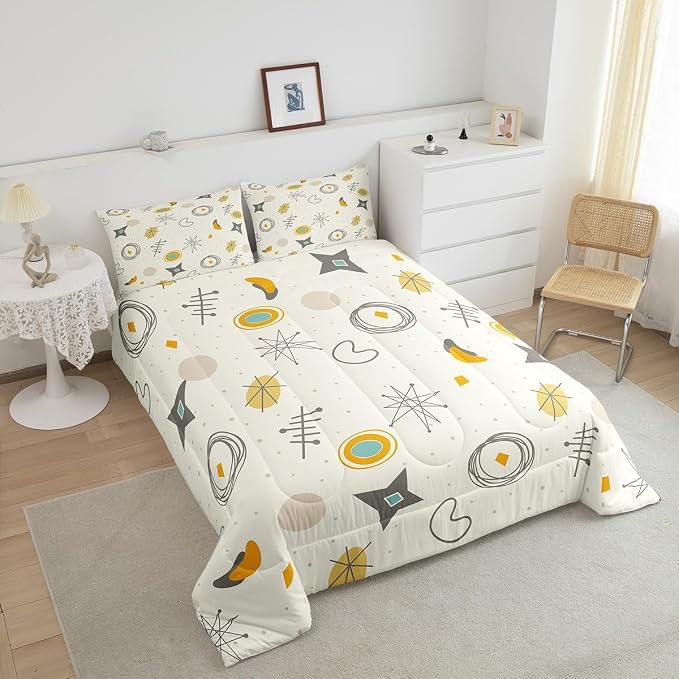 Kids Cartoon Atomic Bedding Set King Modern Mid Century Comforter Set, Retro Fifties Duvet Insert Hippie Abstract Quilt Sets, Geometric Polka Dots Bedding Comforters & Sets Teal Orange Room Decorative
