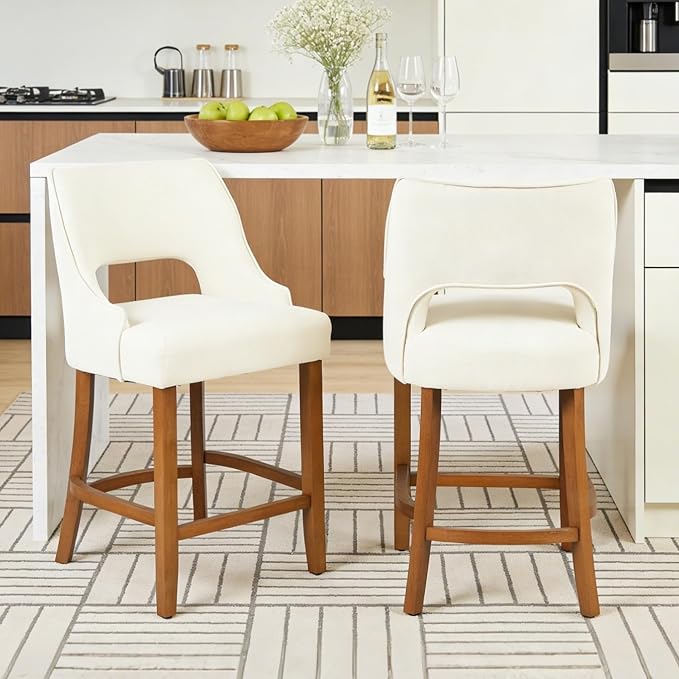 ClinQ Bar Stools Set of 3, 26" H Counter Height Bar Stools with Backs, Modern Upholstered Accent Barstools with Curved Footrest for Kitchen Island, Dining Room and Bar, Beige-Walnut Legs