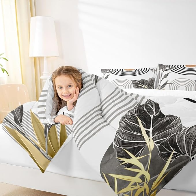 Erosebridal Modern Boho Queen Comforter Grey White Aesthetic Bedding Set Abstract Mid Century Bedding Simple Tropical Palm Leaf Duvet Insert 3Pcs Room Decor