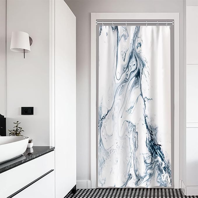 Stall Shower Curtain, Modern Abstract Blue and White Marble Small Shower Curtain Waterproof Shower Curtain Set with Hooks, 36x72 Inch