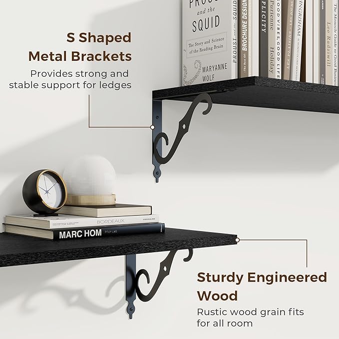 RICHFOCUS 12 Inch Deep Floating Shelves for Wall, 16" W x 12" D Black Wood Wall Shelves Set of 2, Wide Floating Shelves for Living Room, Bedroom, Kitchen, Bathroom and Decor Storage, Black