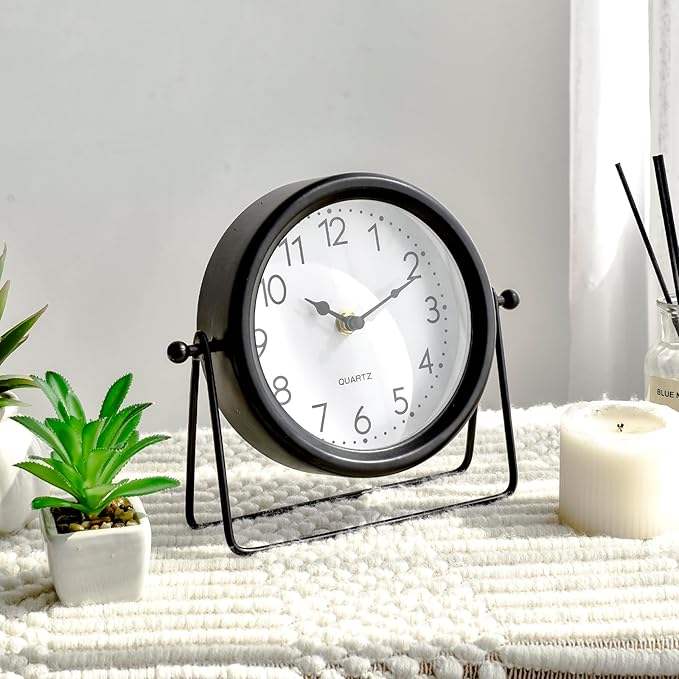 EMAX HOME Vintage Black Table Clock - Decorative Battery Operated Desk Clock with Stand, Silent Non-Ticking for Living Room Shelf Decor, 8.6 x 7.8 Inches