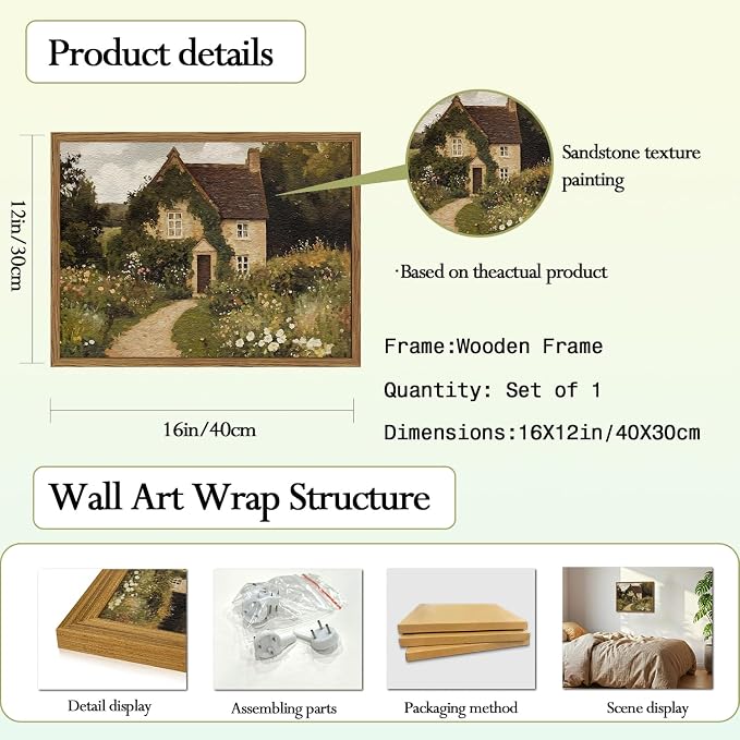 Vintage Cottage Core Wall Art, Farmhouse Landscape Wall Decor Painting Country House Artwork 3D Textured Hand Drawn Sandstone for Bedroom Living Room 12x16 inch Wood Framed