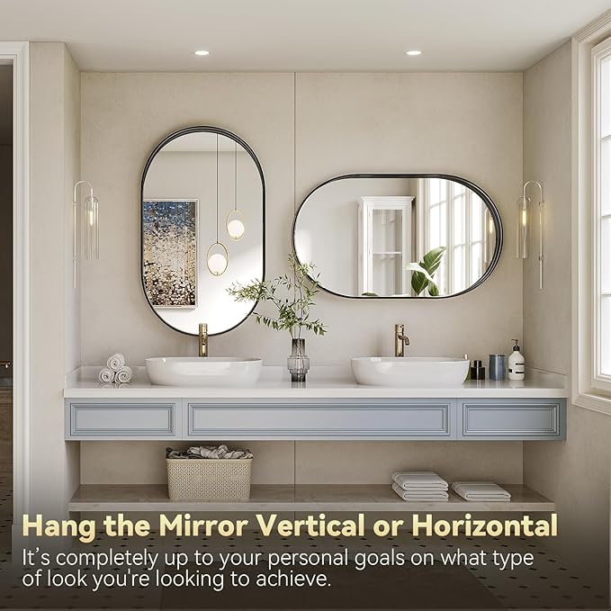 Brightify Black Oval Mirror for Bathroom 24x40 Inch, Matte Black Vanity Mirrors for Wall Metal Frame, Modern Wall Mirror for Bedroom Living Room Wall Decorative Hang Vertical and Horizontal