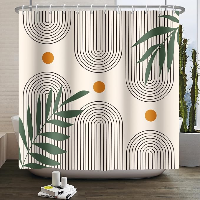 Boho Mid Century Shower Curtain Bohemian Minimalist Geometric Arch Sun Bathroom Curtain Sage Green Plant Polyester Shower Curtain Sets for Bathroom Extra Long 72x84 in with 12 Hooks