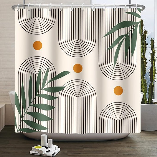 Boho Mid Century Shower Curtain Bohemian Minimalist Geometric Arch Sun Bathroom Curtain Sage Green Plant Polyester Shower Curtain Sets for Bathroom Extra Long 72x84 in with 12 Hooks