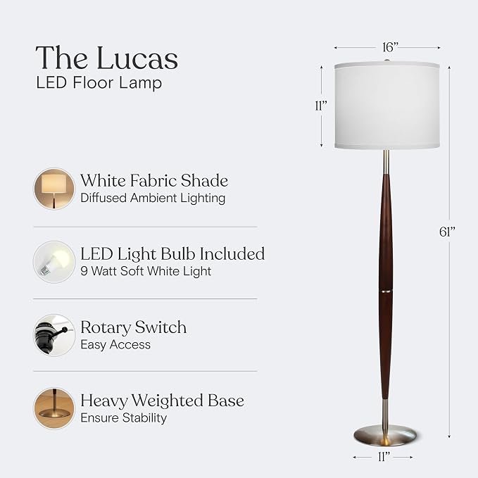 Brightech Lucas LED Floor Lamp, Modern Light for Living Rooms & Offices, Great Living Room Décor with Drum Shade & Handsome Wood Finish, Bohemian Standing Lamp for Bedroom Reading