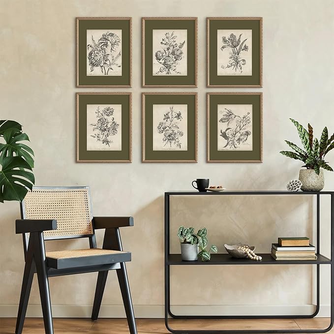 Vintage Floral Wall Art Sketch Flower Prints Antique Botanical Canvas Wall Art Decor Vintage Etchings Floral Poster Green Botanical Painting Sage Green Artwork for Bedroom 12x16x6 Inch Unframed