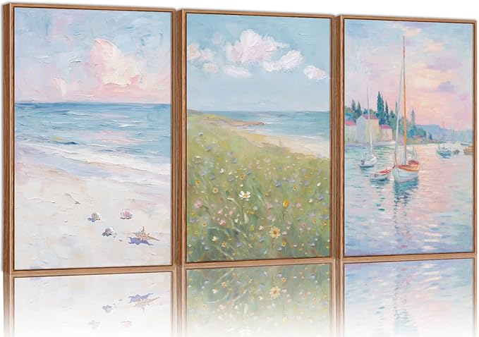 Rantodecor Impressionist Framed Canvas Wall Art, Vintage Italy Coastal Sailboat Wall Decor, Light Blue and White Posters Art Prints, Pastel Beach House Artwork for Bedroom Living Room Office 16"x24"x3