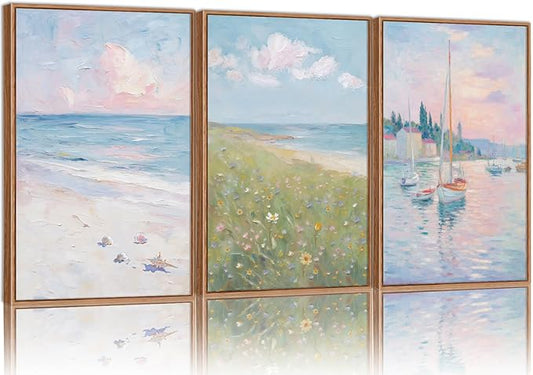 Rantodecor Impressionist Framed Canvas Wall Art, Vintage Italy Coastal Sailboat Wall Decor, Light Blue and White Posters Art Prints, Pastel Beach House Artwork for Bedroom Living Room Office 16"x24"x3