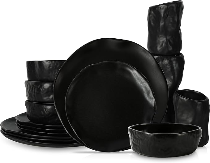 Stone by Mercer Project Atik Modern Stoneware 16-Piece Dinnerware Set, Plate and Bowl Set, Dish set for 4, Black