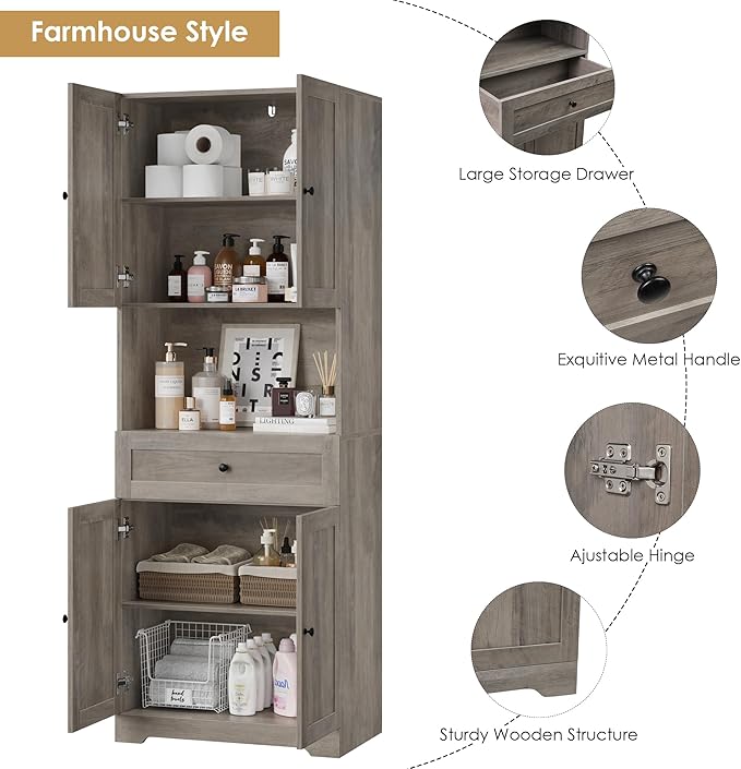 Tall Bathroom Storage Cabinets with Drawer, Farmhouse Linen Cabinet with Doors & Shelves, 67” Tall Storage Cabinet Freestanding for Bathroom, Dining Room, Kitchen, Pantry, Laundry, Narrow Corner,Brown