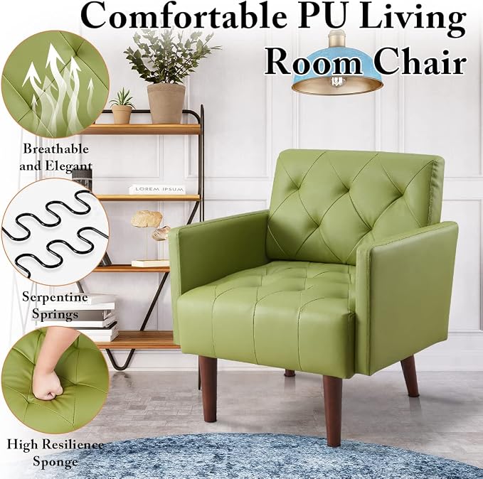 Faux Leather Accent Chair, Modern Retro Arm Chair for Living Room and Bedroom Tufted Upholstered Sofa Club Chair Comfy Armchair for Small Spaces Bedroom Office (Olive)