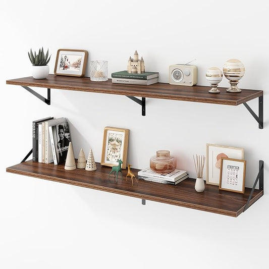 Deep Floating Shelves Wall Mounted, 48"x12" Walnut Wall Shelves with Brackets Set of 2 for Bedroom, Living Room, Bathroom, Kitchen, Office - Storage & Display Shelf for Decor, Books, Plants