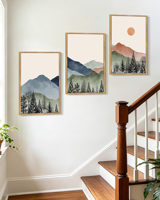 KUVIOKE Mountain Landscape Framed Wall Art Watercolor Nature Painting Boho Sun Rise Prints Farmhouse Rustic Room Decor Ready to Hang 16x24in (Natural Framed)