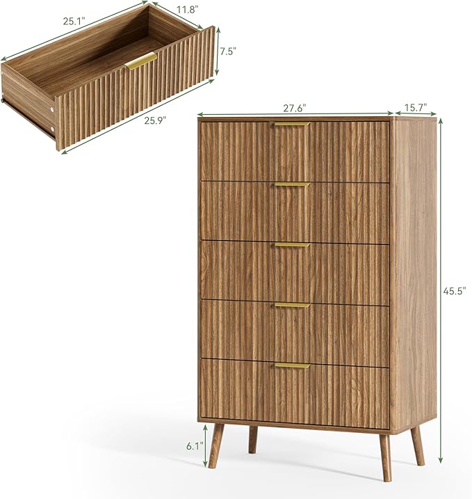 LYNSOM Fluted 5 Drawers Dresser, 45" Tall Modern Chest of Drawers with Curved Profile Design and Metal Handle, Wood Drawer Organizer for Bedroom, Living Room, Hallway, Entryway, Walnut