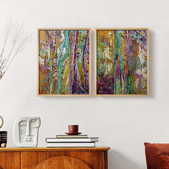 Renditions Gallery Set of 2 Peel & Stick Framed Prints, Modern Abstract Wall Art, Colorful Artistic Painting Wall Decor, Re-Stickable - Ready to Hang - 11"x14" - NATURAL WOOD Frame LT588