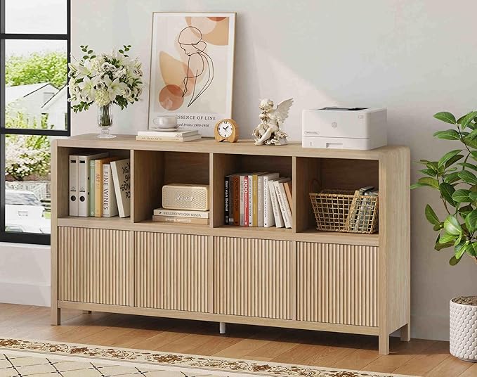 FATORRI 8 Cube Bookshelf with 4 Doors, Modern Mid Century Wood Book Shelf with Storage, Low Horizontal Cubby Bookcase for Home Office (Light Walnut)