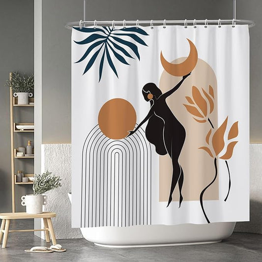 Baocicco Boho Mid Century Shower Curtain Sun and Moon in The Woman's Hands Minimalist Geometric Shower Curtains for Bathroom Bathtubs Waterproof Fabric Shower Curtain with Hooks 72x84 Inches