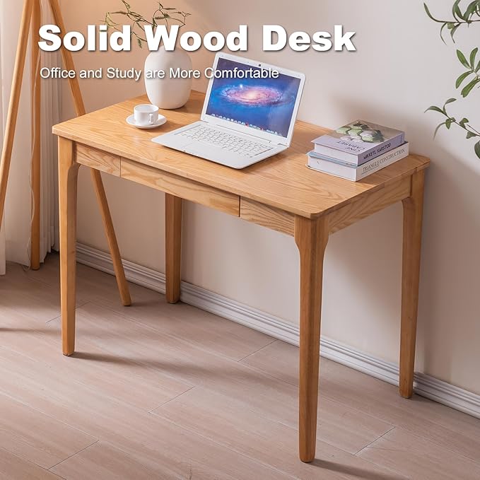 Solid Wood Desk with Drawers, Home Office Desk for Small Spaces, Gaming Work Study Desk, Student PC Desk for Bedroom, Easy to Assemble (Wood Color, 39.4 inch)