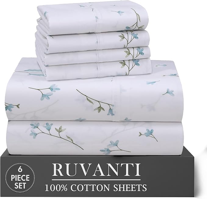 RUVANTI 100% Cotton Percale Sheets Full Size 6 Piece Set, Cooling Bed Sheets for Hot Sleepers, Deep Pocket 16”, Breathable Lightweight & Durable, Crisp Hotel Style Sheets, Burgeon