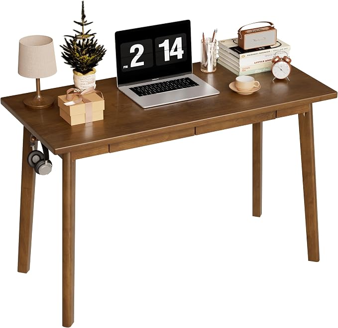 Solid Wood Desk with Drawers - 47 x 16 Inch Modern Narrow Desks, Rubber Wood Study Table, Small Writing Desk for Small Spaces|Bedroom - Black Desks