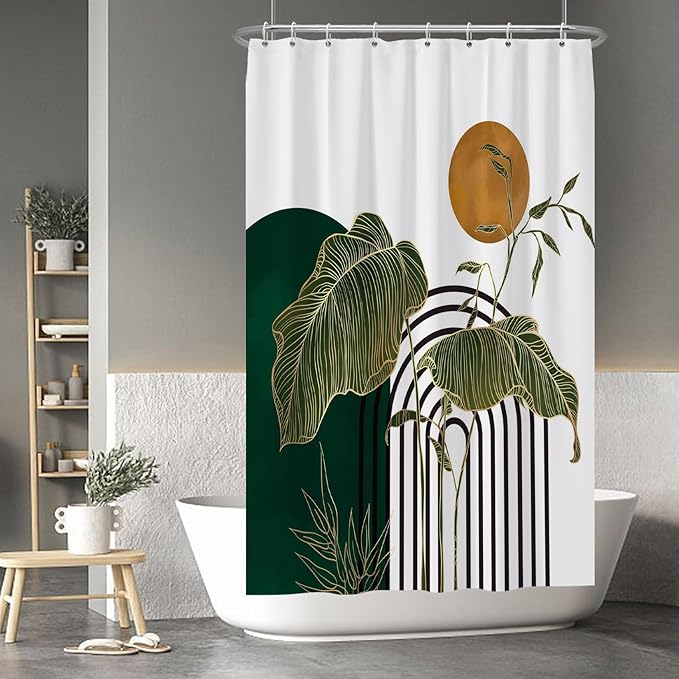 Baocicco Boho Shower Curtain Green Gold Leaves Plants Sun Modern Abstract Geometric Shower Curtains Decorative for Bathroom Waterproof Fabric Shower Curtain with Hooks 48x72 Inches