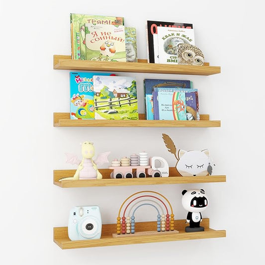 Axeman Picture Ledge Shelf | 24 Inch Oak Floating Shelves Set of 4 | Rustic Wood Wall Shelves with Lip | 24" Oak Picture Shelves for Wall with Ledge | Photo Shelves