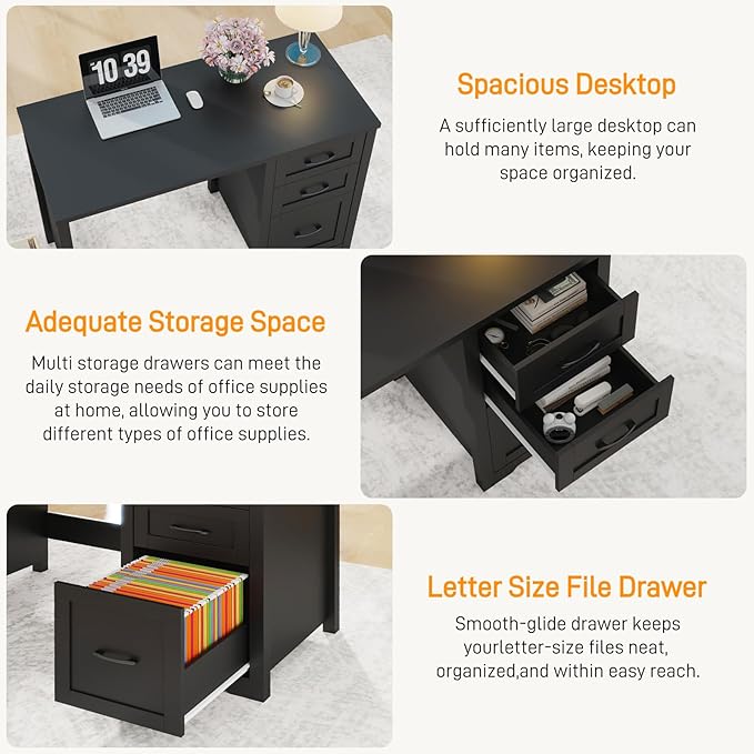 Vabches Farmhouse 47” Executive Desk with File Drawer, Mutual Installation Rustic Computer Desk with 2 Storage Drawers,Office Home Workstation for Work Study Writing, Black