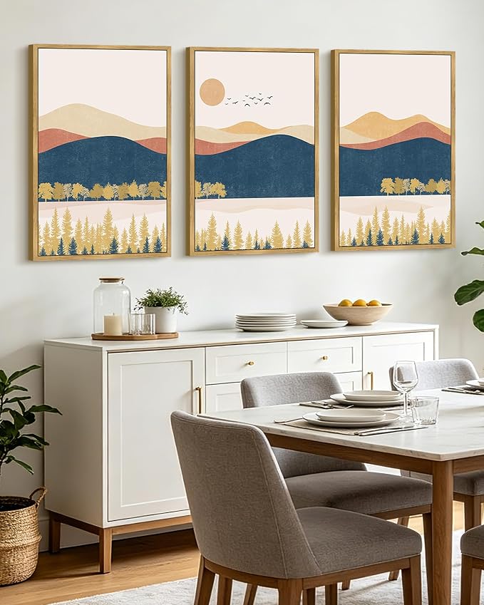 KUVIOKE Bohemain Mountain Landscape Framed Canvas Wall Art Watercolor Nature Artwork Painting Boho Farmhouse Rustic Room Decor for Bedroom Living Room 24x36in (Natural Framed)