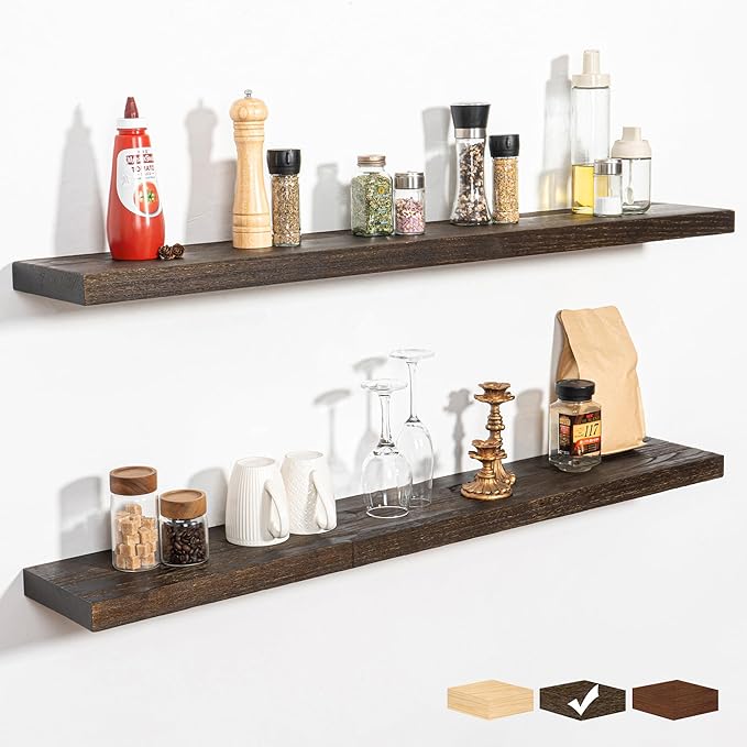 RICHFOCUS Rustic Wooden Floating Shelves for Wall - 48 Inch Wood Shelves Set of 2-7.9 Inch Deep Solid Paulownia Wood Wall Mounted Shelves with Upgraded Metal Brackets for Room Decor, Walnut